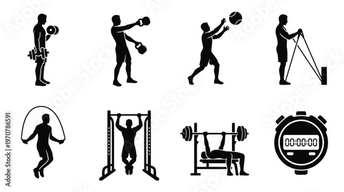 Fitness Icons Vector – Dumbbell, Kettlebell Swing, Barbell Lift, Resistance Band, Jump Rope, Pull Up, Bench Press, Stopwatch Graphic
