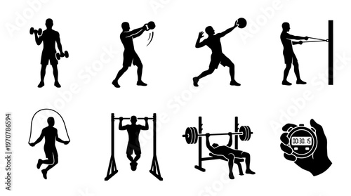 Fitness Icons Vector – Dumbbell, Kettlebell Swing, Barbell Lift, Resistance Band, Jump Rope, Pull Up, Bench Press, Stopwatch Graphic
