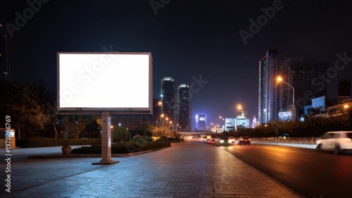 A clean, blank advertising space is showcased at night in a vibrant city environment. Blurry lights from traffic and distant buildings illuminate the urban landscape.