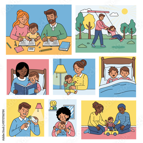A collection of illustrations depicting various family moments, including parents helping children with homework, playing, reading bedtime stories, feeding babies, and siblings interacting.
