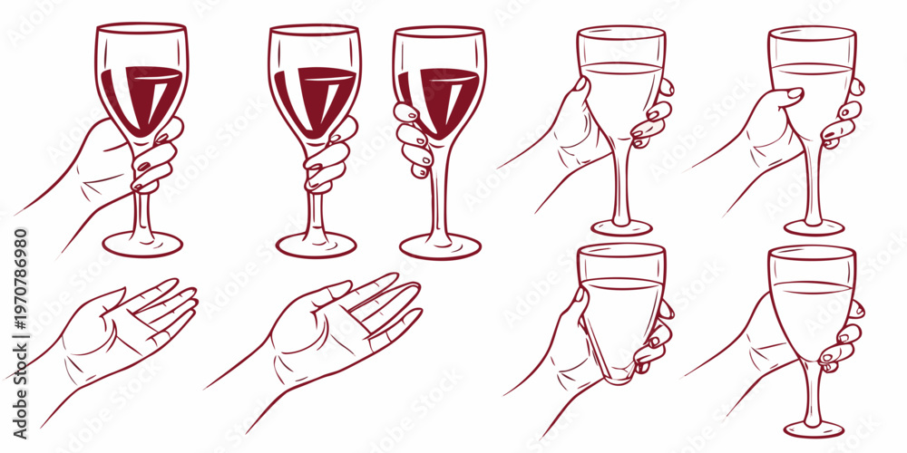 Fototapeta premium Hands holding wine glasses in various positions sketch style illustration
