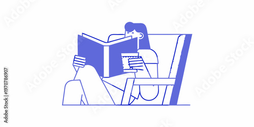 A woman relaxes in a chair reading a book with a drink nearby