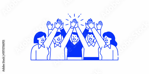 Group of people celebrating with a high five and raised hands