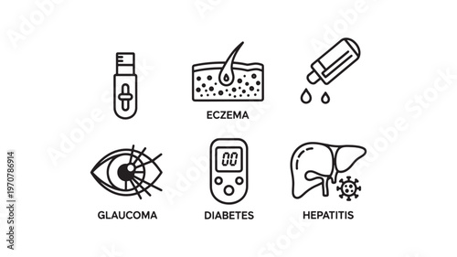 Medical Icon Set Featuring Black Line Vector Illustrations for Glaucoma Diabetes Hepatitis Eczema and Health Testing Equipment Isolated on White Background for Disease Awareness and Healthcare