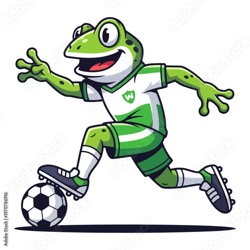 Cartoon frog soccer player mascot with ball, cute green amphibian athlete in red jersey uniform, playful football character for kids sports team logo, isolated vector illustration on white background