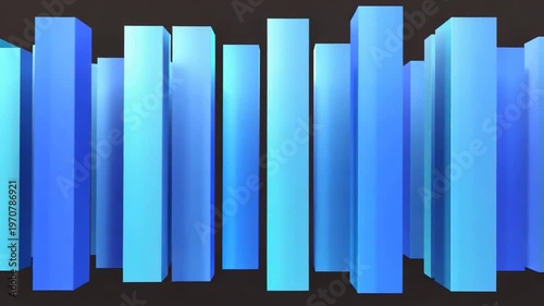 Abstract 3D render featuring a sequence of vertical blue rectangular columns with varying heights against a dark background, symbolizing data visualization and structural design.