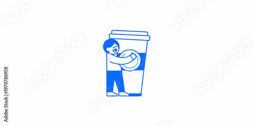 Person embracing a large coffee cup in a minimalist illustration