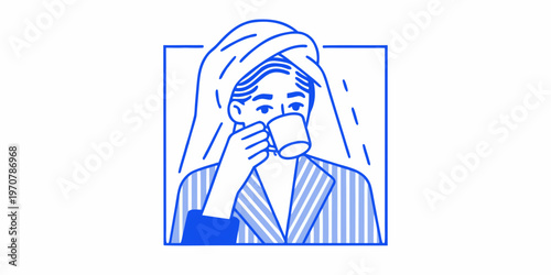 Woman enjoying a morning coffee while wrapped in a towel