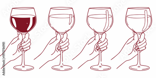 Four wine glasses held by hands depicting decreasing liquid levels