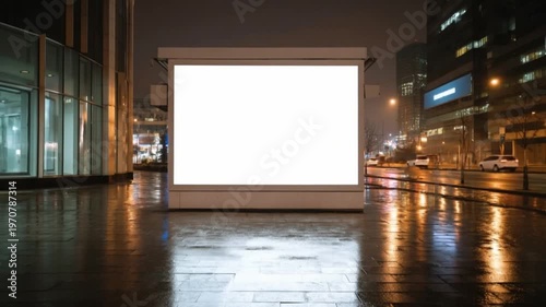 A clean, blank advertising space is showcased at night in a vibrant city environment. Blurry lights from traffic and distant buildings illuminate the urban landscape.