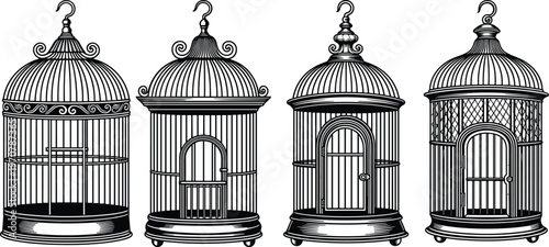 Vector Illustration Set of Vintage Bird Cages, Antique Decorative Metal Birdcages Icons for Interior Design and Home Decor Isolated on White