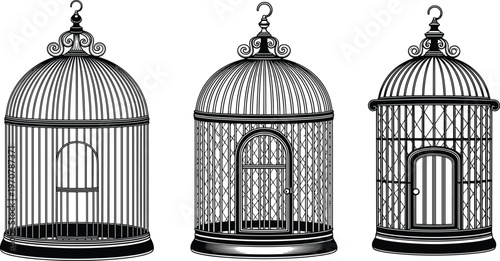 Vector, silhouette, collection, of, vintage, bird, cages, featuring, ornate, decorative, designs, with, hanging, hooks, isolated, on, white, background, for, decor,