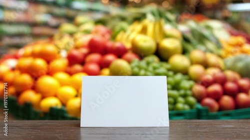 A blank white card rests on a dark wooden counter. Behind it, a vibrant, out-of-focus display of fresh oranges, grapes, bananas, and other produce fills a grocery store or market setting.