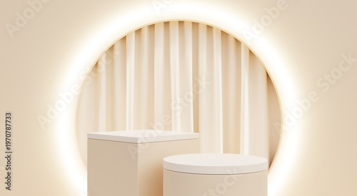 A beige podium with a beige background and neon lights, ideal for premium product advertising. 3D illustration.