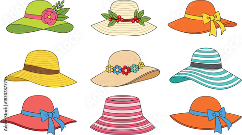 Vector, illustration, set, of, colorful, summer, sun, hats, for, women, including, straw, hats, with, ribbons, flowers, and, bows, isolated, background,