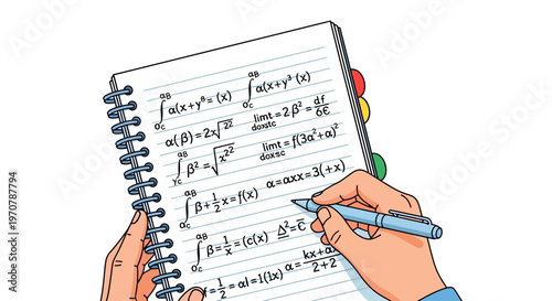 Hands Writing Complex Mathematical Equations In A Spiral Notebook For Education And Science Research Purposes On A Plain Isolated White Background