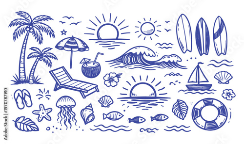 Hand Drawn Summer Beach and Surf Doodle Vector Illustration Set with Sea Elements, Palm Trees, Ocean Waves, Surfboards and Sun with Ornament for T Shirt, Poster and Print Design