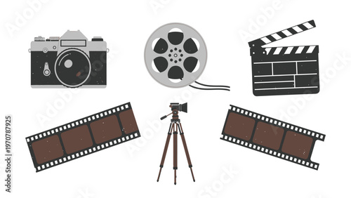 Classic Filmmaking & Photography Equipment Collection: Camera, Film, Clapperboard, Tripod