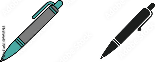 Ballpoint pen illustration with colored and silhouette versions in modern flat design for writing office and stationery concepts
