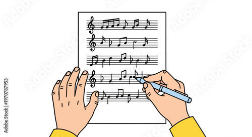 A person's hands writing musical notes on sheet music with a blue pen in a simple flat cartoon illustration style in a music composition context