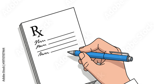 Medical professional writing a patient prescription on a clinical notepad with a blue pen for healthcare treatment and pharmacy drug dispensing
