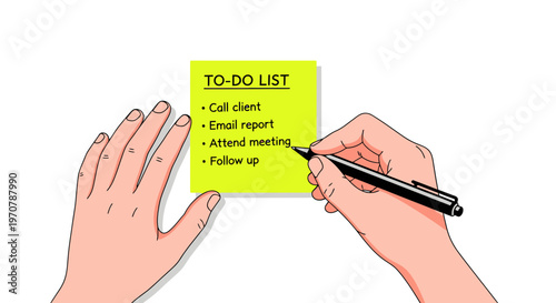 A cartoon-style illustration of a person's hands holding a bright yellow to-do list on a sticky note and writing with a pen, in a modern minimalistic office setting for business organization