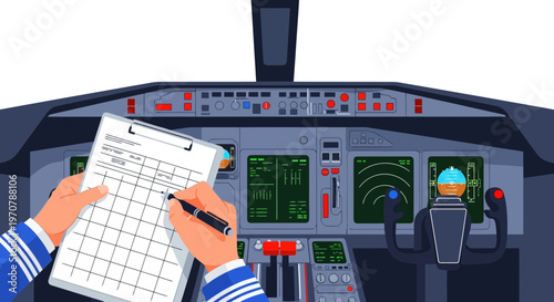 Airplane pilot's hands filling out flight plan checklist in cockpit with control panels and navigation screens, modern aviation, realistic illustration style, transportation context