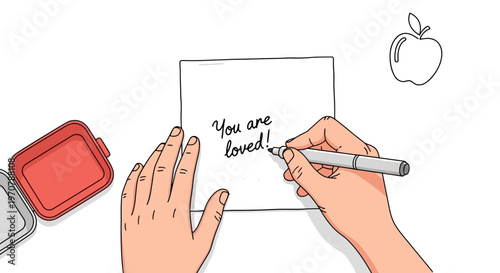 Hands holding pen writing heartfelt supportive message on card with loving words, modern minimalist line art style, positive affirmation, encouragement, care package context