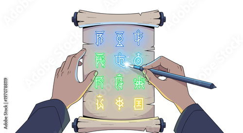 A person writing on a parchment scroll with a glowing blue pen, adding colorful ancient symbols, in a digital painting style, in a mystical educational context.