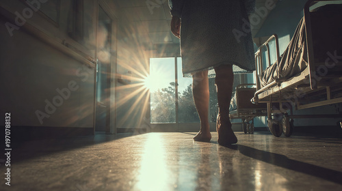 Patient care recovery scene patient walking in sunlight hopeful healing journey emotional storytelling