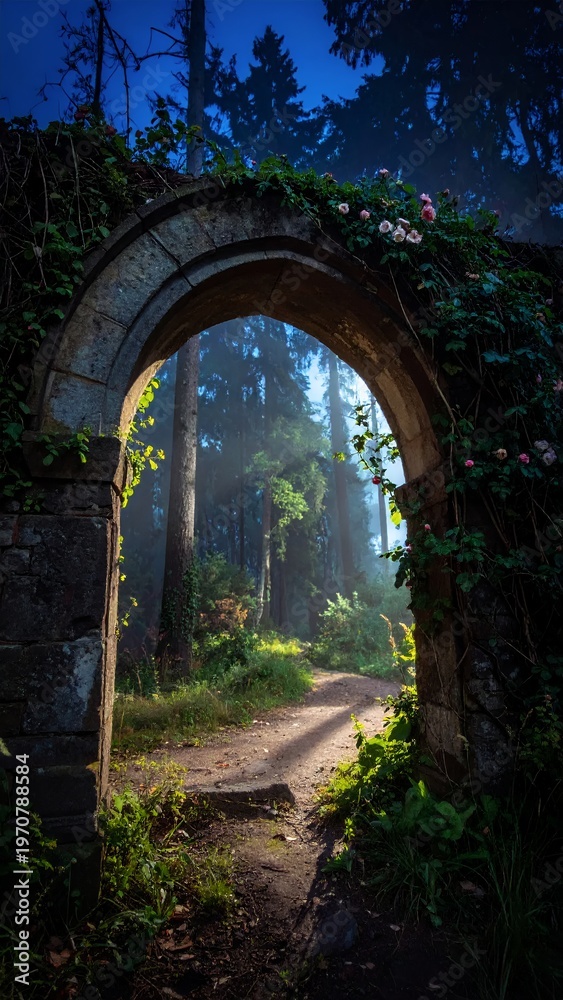 Obraz premium Ancient Stone Archway Leading to a Mystical Forest Path at Dusk.