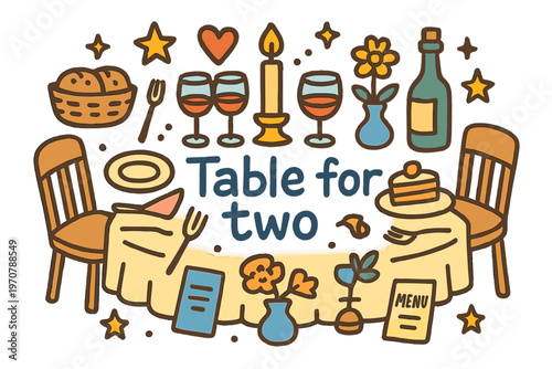Romantic Dinner Doodle. Table for two. Hand-drawn doodle illustration of table for two. Wine glasses, candle,