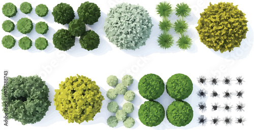 Top view landscape trees and bushes vector set, aerial garden plants for site plan design, green foliage shrubs and vegetation for architecture