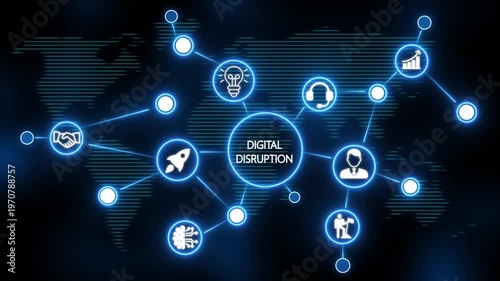 glowing neon line banner of digital disruption concept with icons of business, responsibility, customers, integrity, goals, teamwork, commitment and innovation. video animation