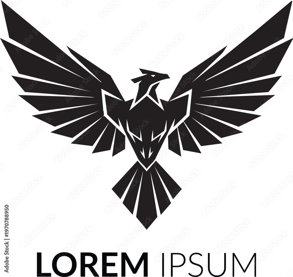 Fototapeta premium Geometric eagle logo vector, stylized phoenix bird with spread wings, black hawk emblem for corporate branding and sports mascots