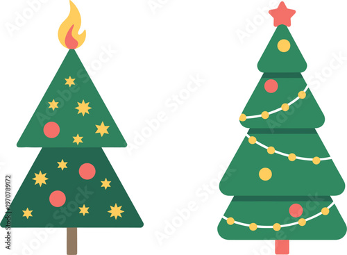 Christmas tree set with decorated pine trees featuring ornaments lights and star in festive holiday flat vector illustration