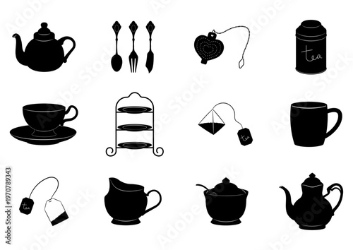 シンプルな紅茶関連用品のセット　モノクローム