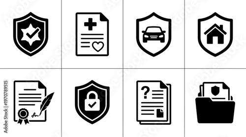 Insurance Icons Vector – Health Shield, Medical Document, Auto Insurance, Home Insurance, Signed Document, Verified Shield, Claim Report, Records Folder Graphic
