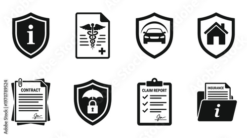 Insurance Icons Vector – Health Shield, Medical Document, Auto Insurance, Home Insurance, Signed Document, Verified Shield, Claim Report, Records Folder Graphic
