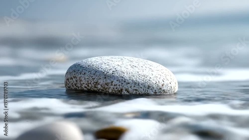 Smooth stone on a beach with gentle waves lapping
