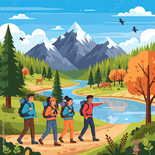 A group of hikers with backpacks explore a scenic mountain landscape with a river and autumn trees.