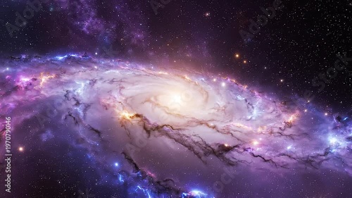 Vast spiral galaxy with a glowing central core and purple nebulae arms featuring dark dust lanes and vibrant blue star clusters against a dense field of distant stars in deep space.