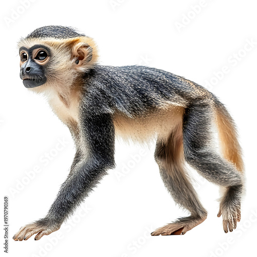 Extreme side view full body shot of lesser spot-nosed monkey walking isolated on a white background