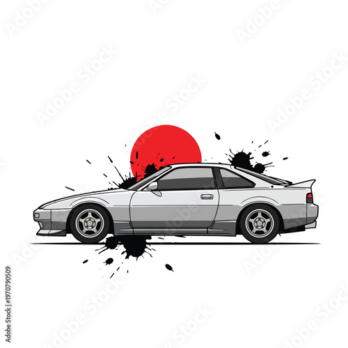 Dynamic vector illustration of a classic sports coupé with a Japanese style sun and ink splatters.