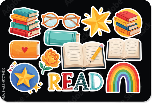 Colorful Reading Stickers with Books, Glasses, and Rainbow on Black Background
