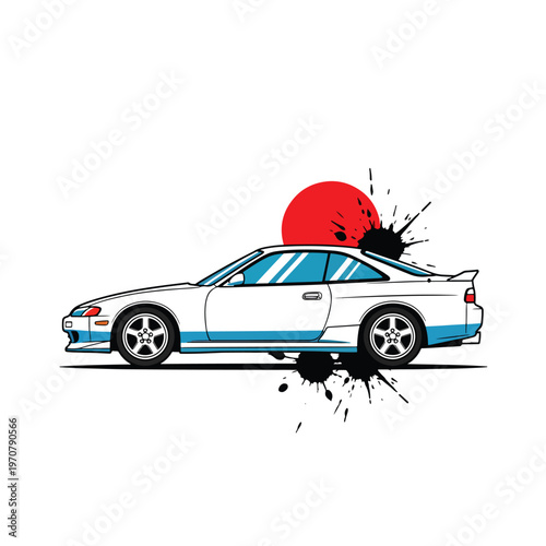 Graphic vector art of a white performance coupe with blue accents and a red sun, ink splatters.