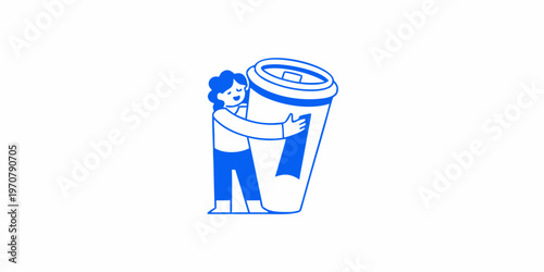 Person embracing a large to go coffee cup in a minimalist illustration