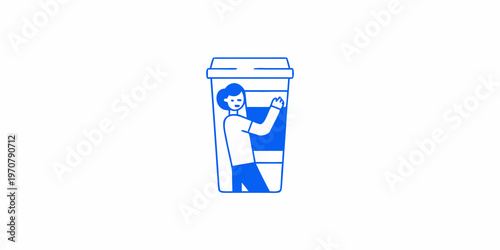 A person depicted inside a tall cylindrical container or tube
