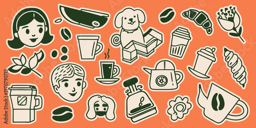 A playful illustration of coffee culture and related elements