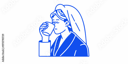 Woman in blue enjoying a warm drink simple line art illustration